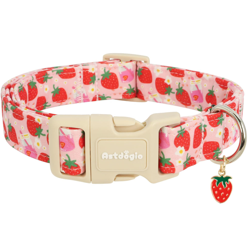 Astdogio Pink Dog Collar for Medium Dogs, Adjustable Strawberry Dog Collar with Quick Release Buckle, Cute Puppy Collar for Girl or Boy Dogs, M