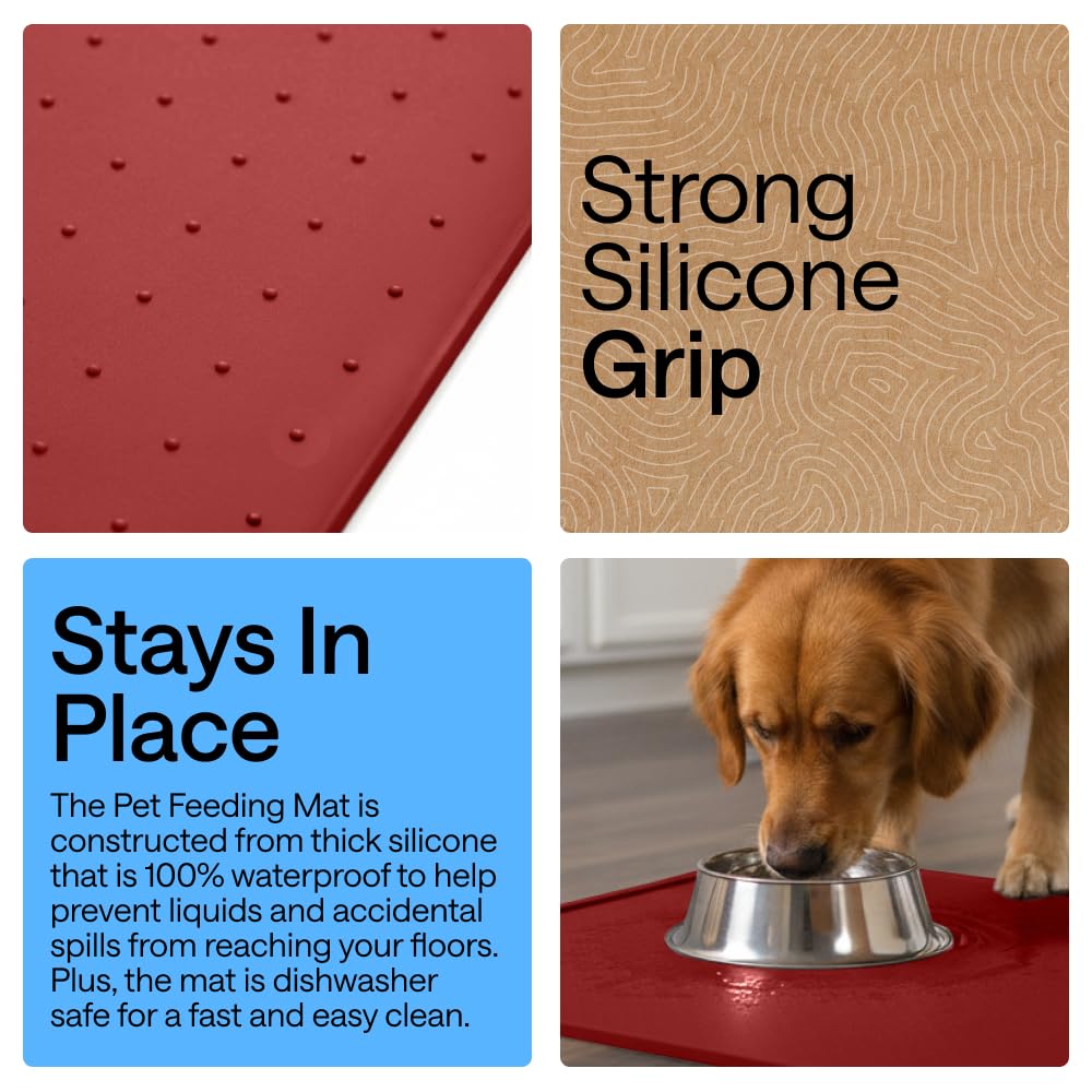 GORILLA GRIP 100% Waterproof Raised Edge BPA Free Silicone Pet Feeding Mat, Dog Cat Food Mats Contain Spills Protects Floors, Placemats for Cats and Dogs Water Bowl, Pets Accessories 23x15 Red