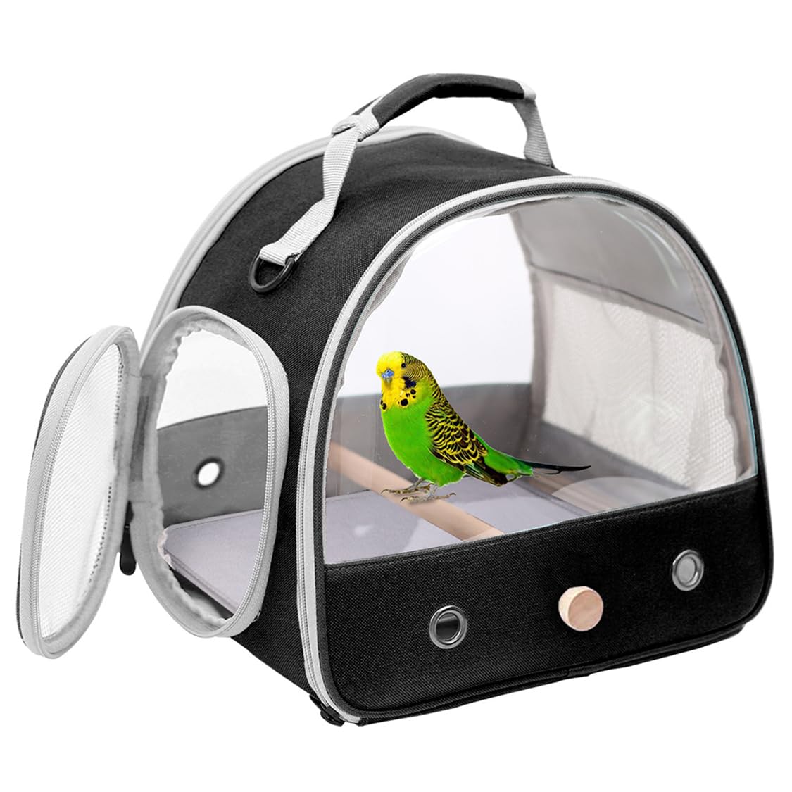 Bird Carrier, Portable Small Bird Parrot Parakeet Carrier with Standing Perch and Stainless Steel Tray, Side Access Window Collapsible (Black, Cylinder Design - Clear)