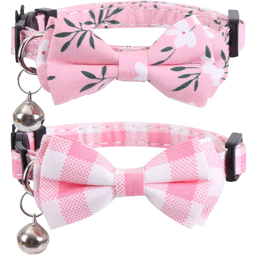 2 Pack Cat Collar Breakaway with Bow Tie and Bell Plaid Flower for Kitty