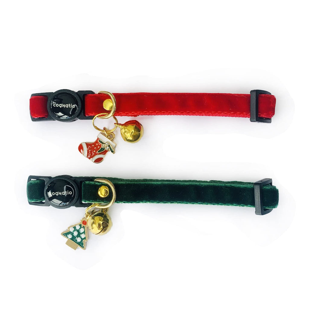 Cognatio Safety Quick Release Cat Collars,Double Velvet with Bell Available in a Range Colors,Perfect for Your Kitty, Adjustable 20-30 cm (20-30cm, Christmas Set)