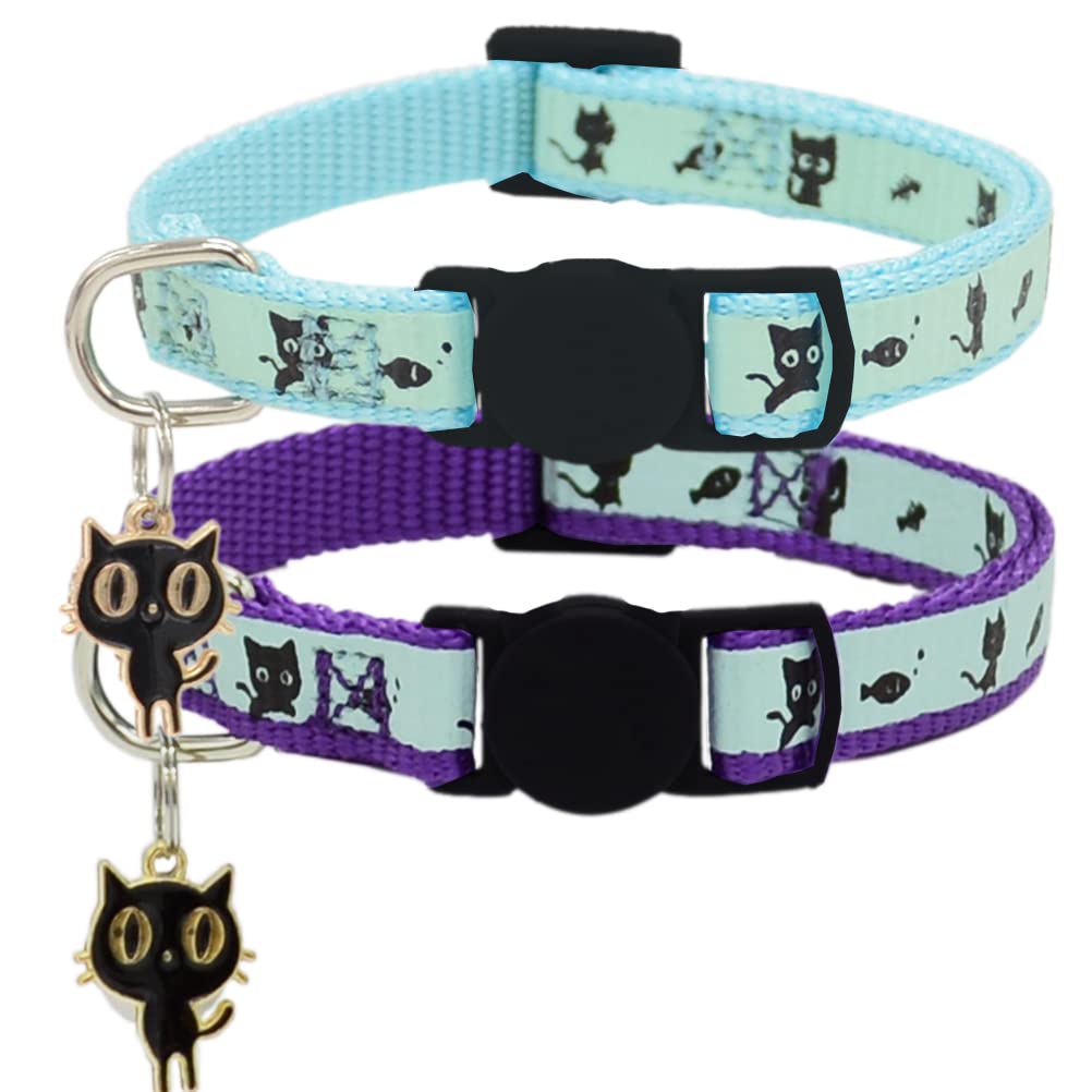 2 Pack Glow in The Dark Cat Collar with Bell Breakaway Safety Cat Puppy Collars with Pendant Black and Pink