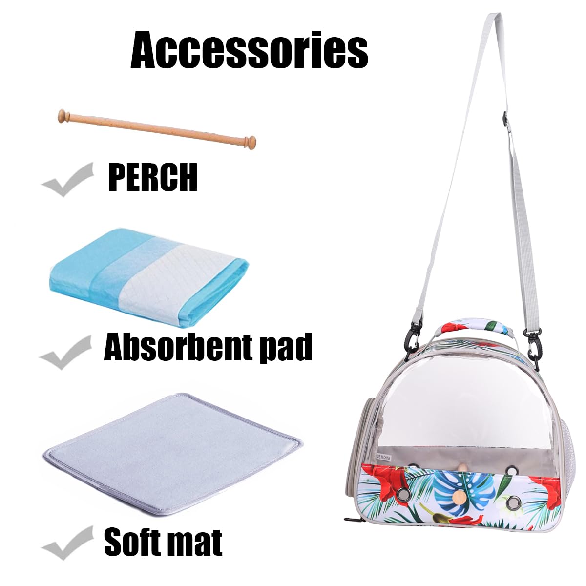 ORIZZP Portable Small Bird Travel Carrier Cage with Stand Perch, Bird Carrier to Carry Parakeet Budgies Parrot Cockatiel Conure Outdoor, Front Clear Window with Floral Printing