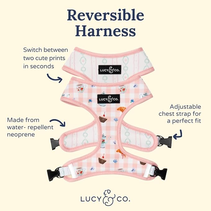 Lucy & Co. Reversible Dog Harness - Water-Repellent Neoprene, Dual-Print Design, Easy Swap Style, Adjustable Comfort Fit - Sipping Slowly Reversible Harness - X-Large