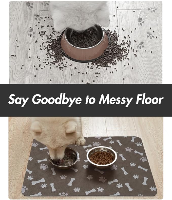 MontVoo Dog Food Mat-Large Pet Feeding Mat for Food and Water-No Stains Quick Dry Dispenser Cat Bowl Mat for Messy Drinkers(23"X34" Brown)