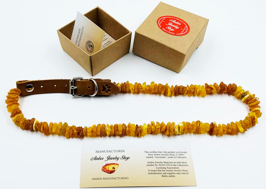 Baltic Amber Dog & Cat Collar with Adjustable Leather Strap - Raw Knotted Amber Beads (40-45cm)