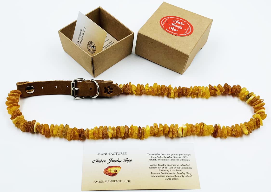 Baltic Amber Dog & Cat Collar with Adjustable Leather Strap - Raw Knotted Amber Beads (40-45cm)