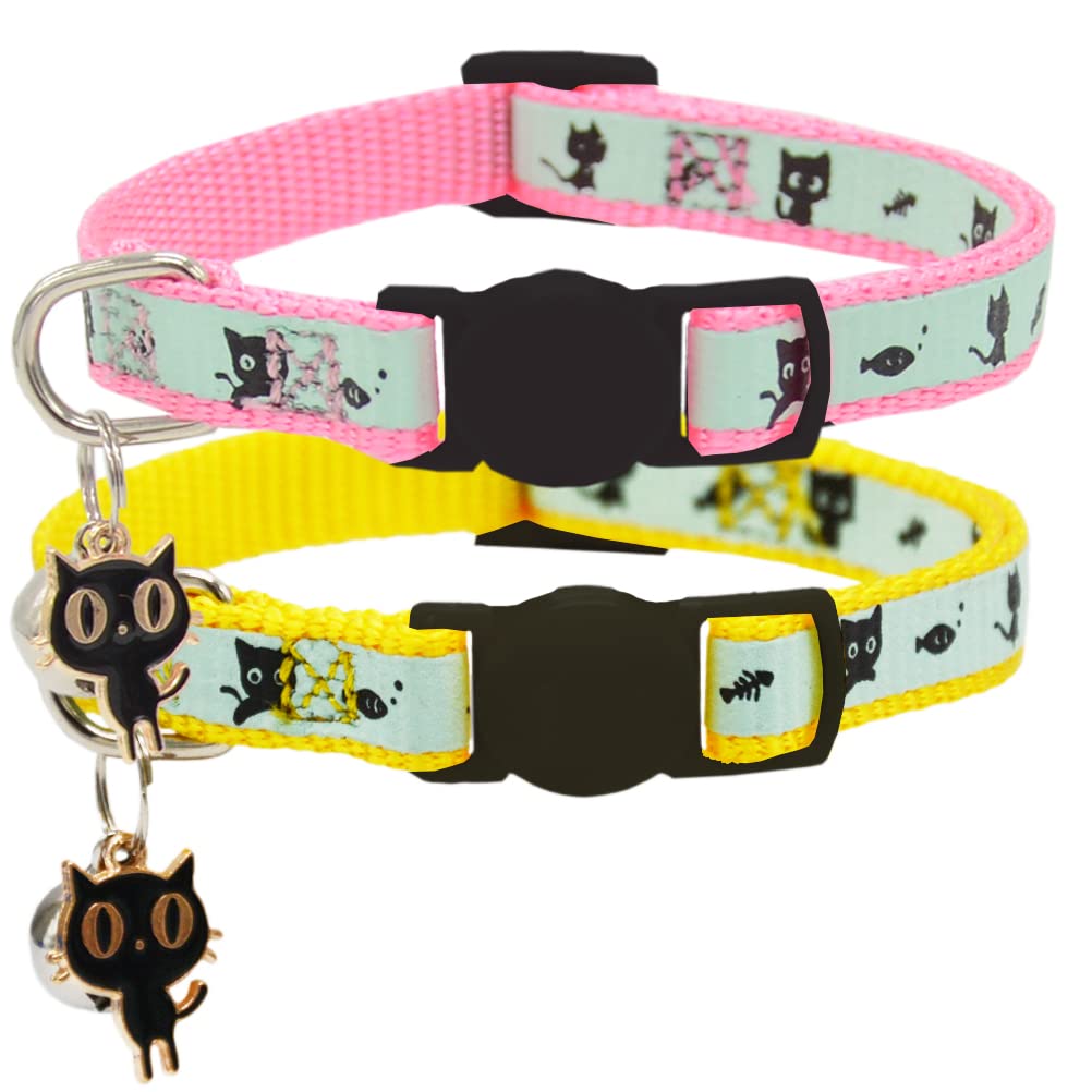 2 Pack Glow in The Dark Cat Collar with Bell Breakaway Safety Cat Puppy Collars with Pendant Black and Pink