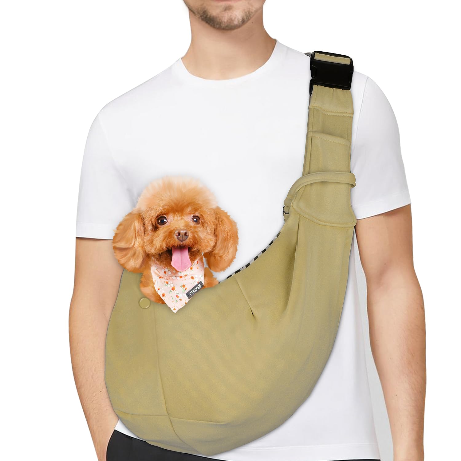 PETLOFT Reversible Dog Cat Sling Carrier, Small Dog Carrier, Adjustable Dog Sling, Hands Free Cross Body Carrier with Collar Hook for Dog/Cat/Bunny up to 11lb(Khaki)