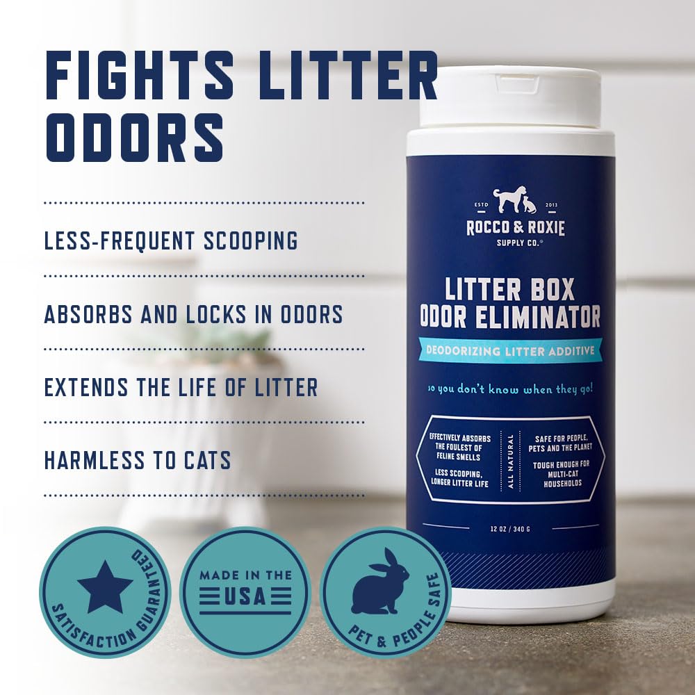 Rocco & Roxie Litter Box Odor Eliminator, Best Natural Urine Deodorizer for Cat Litter Boxes Cats Smell Control, Odor Absorber, Safe for Kitty, 12 oz pack of 2