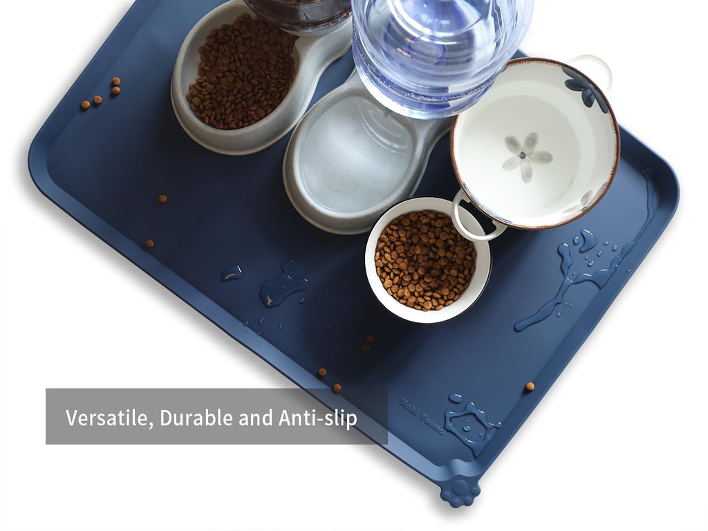 Hoki Found X-Large Silicone Pet Food Mats - Non Slip Dog Cat Bowl Placemats - Waterproof Dog Cat Food Mats - Suitable for Carpet - Indigo Ink