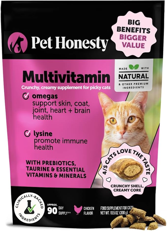 Cat Multivitamin Crunchy Creamy Chews - Daily Cat Vitamins with Lysine, Prebiotics, Omega 3 Fish Oil - Cat Treats for Immune Support, Skin Coat, Digestion, Heart + Joint Health (30-Day Supply)