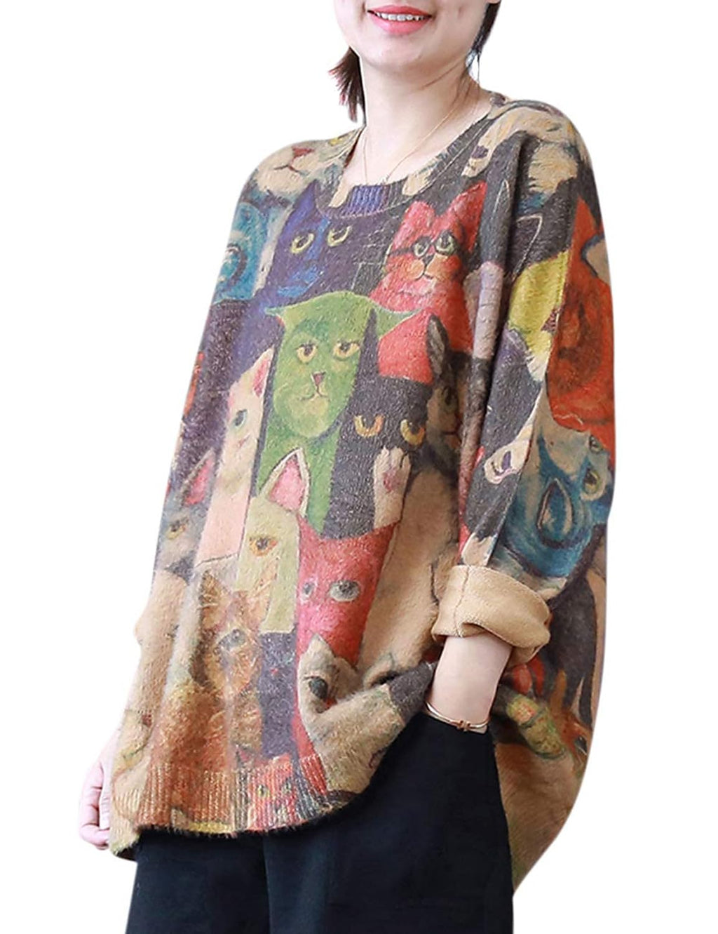 YESNO Women Christmas Sweater Graphic Printed Oversized Pullover Sweaters Casual Loose Knit Tops 2XL S01 CR01
