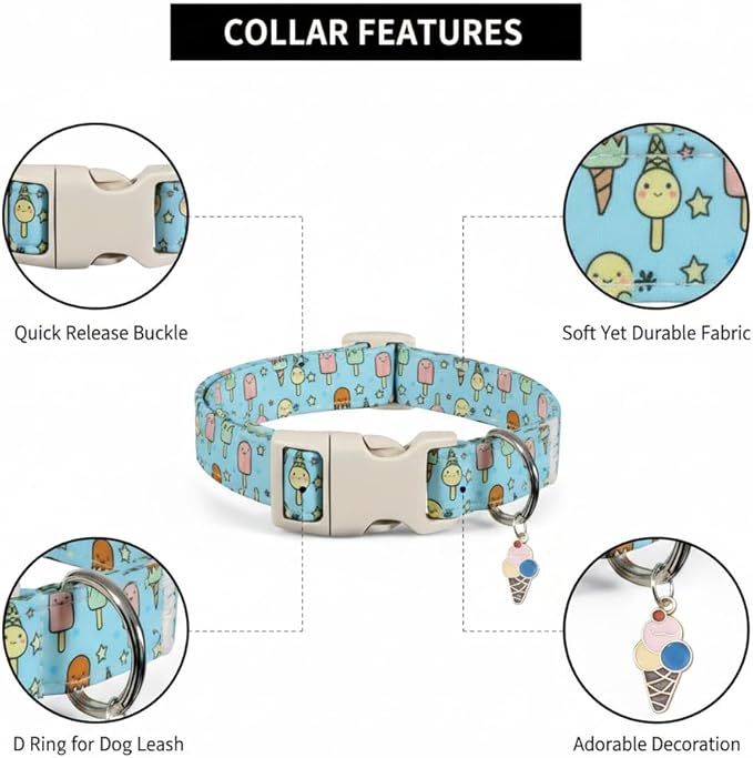 Britwicfr Blue Dog Collar for Large Dogs, Boy Girl Dog Collar with Ice Cream Pattern for Spring Summer, Breathable Adjustable Large Collars for Male Female Dogs, L