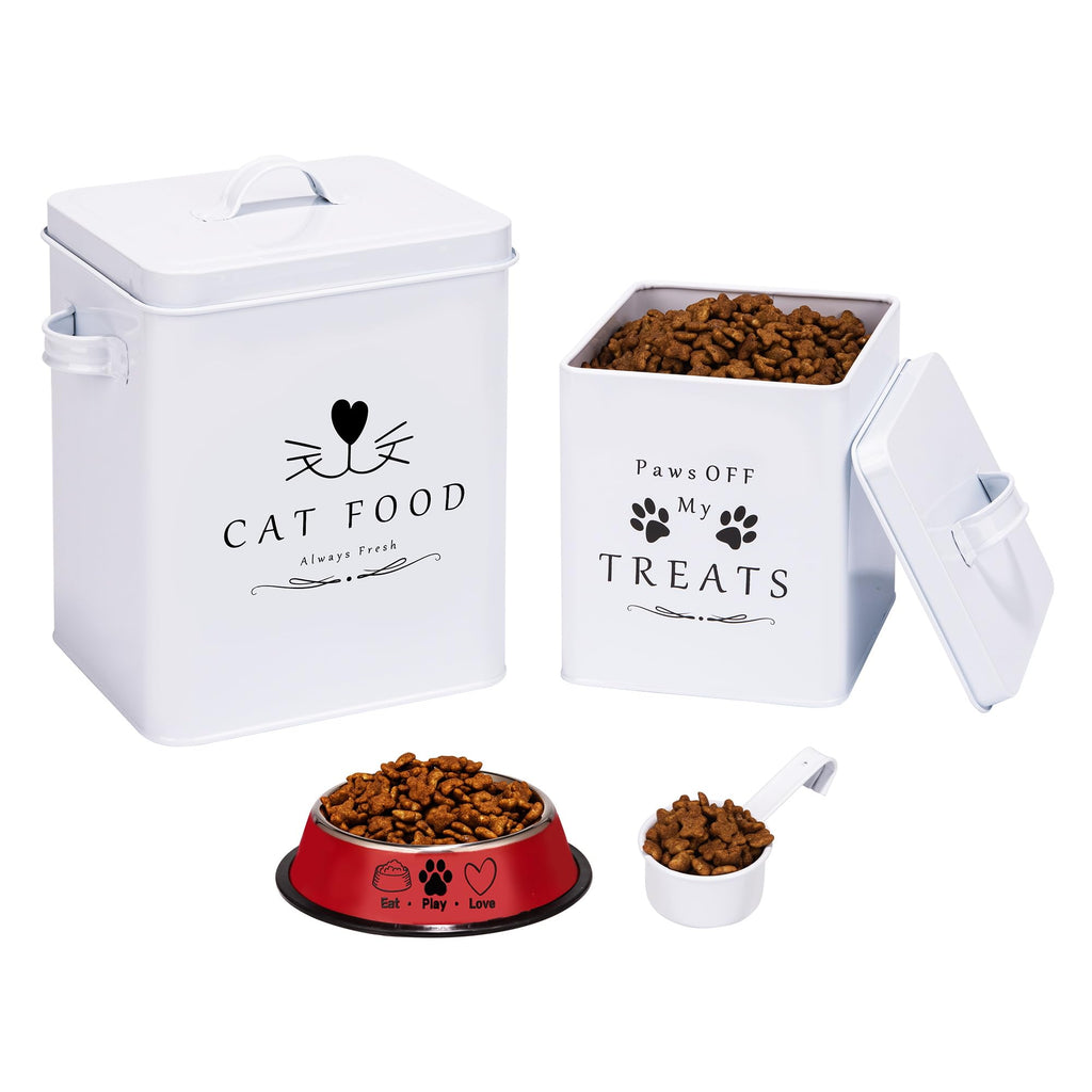 Meraki Home Farmhouse Cat Food and Treats Containers + Feed Scoop + Pet Food Bowl - Tight Lids - Large Metal Storage Bin - Great Gift for Cute Pets (Glossy White)