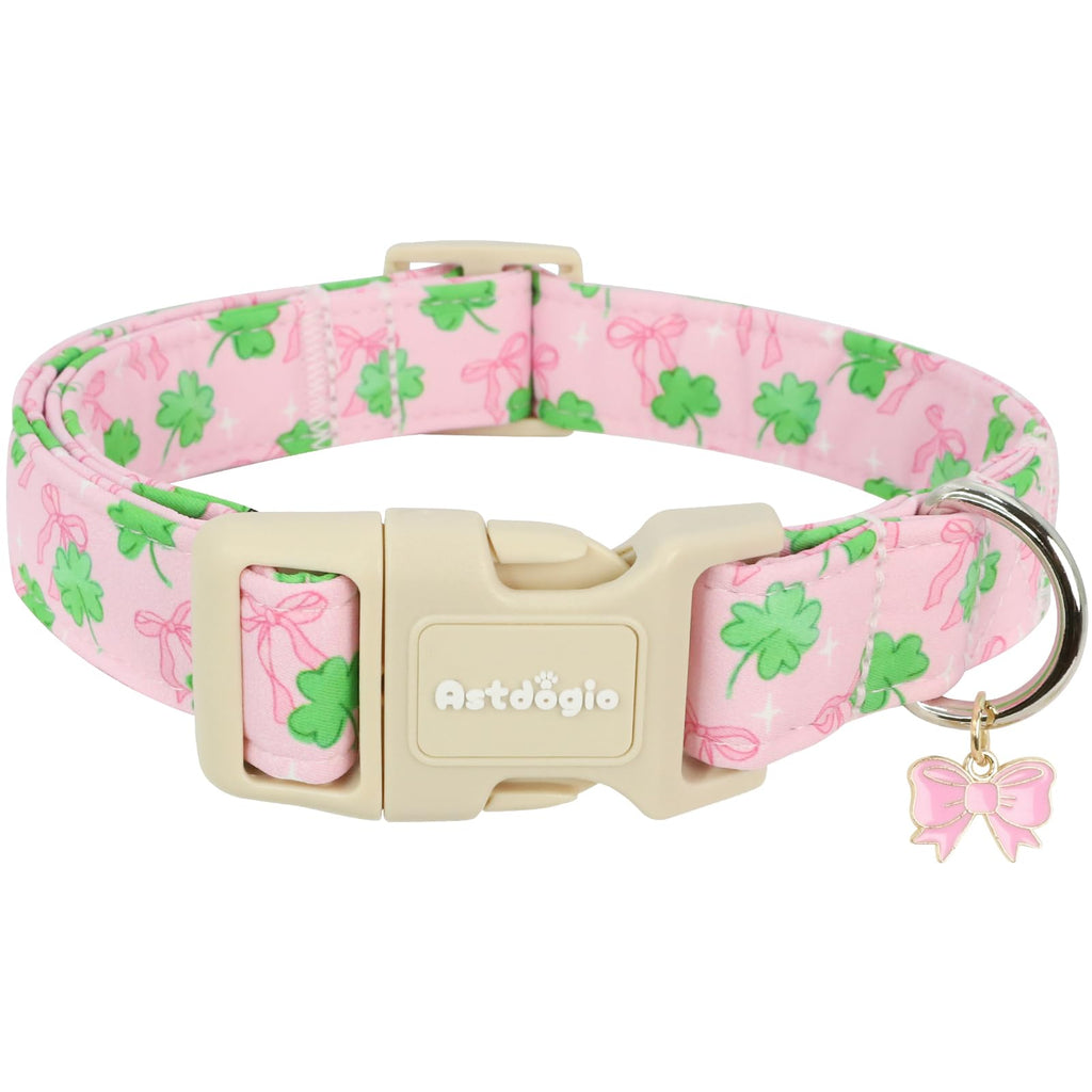 Astdogio St. Patrick's Day Dog Collar,Pink Bow with Green Clover Puppy Collar,Adjustable Spring Cotton Collars Gifts for Small Medium Large Dogs,Dog Accessories S