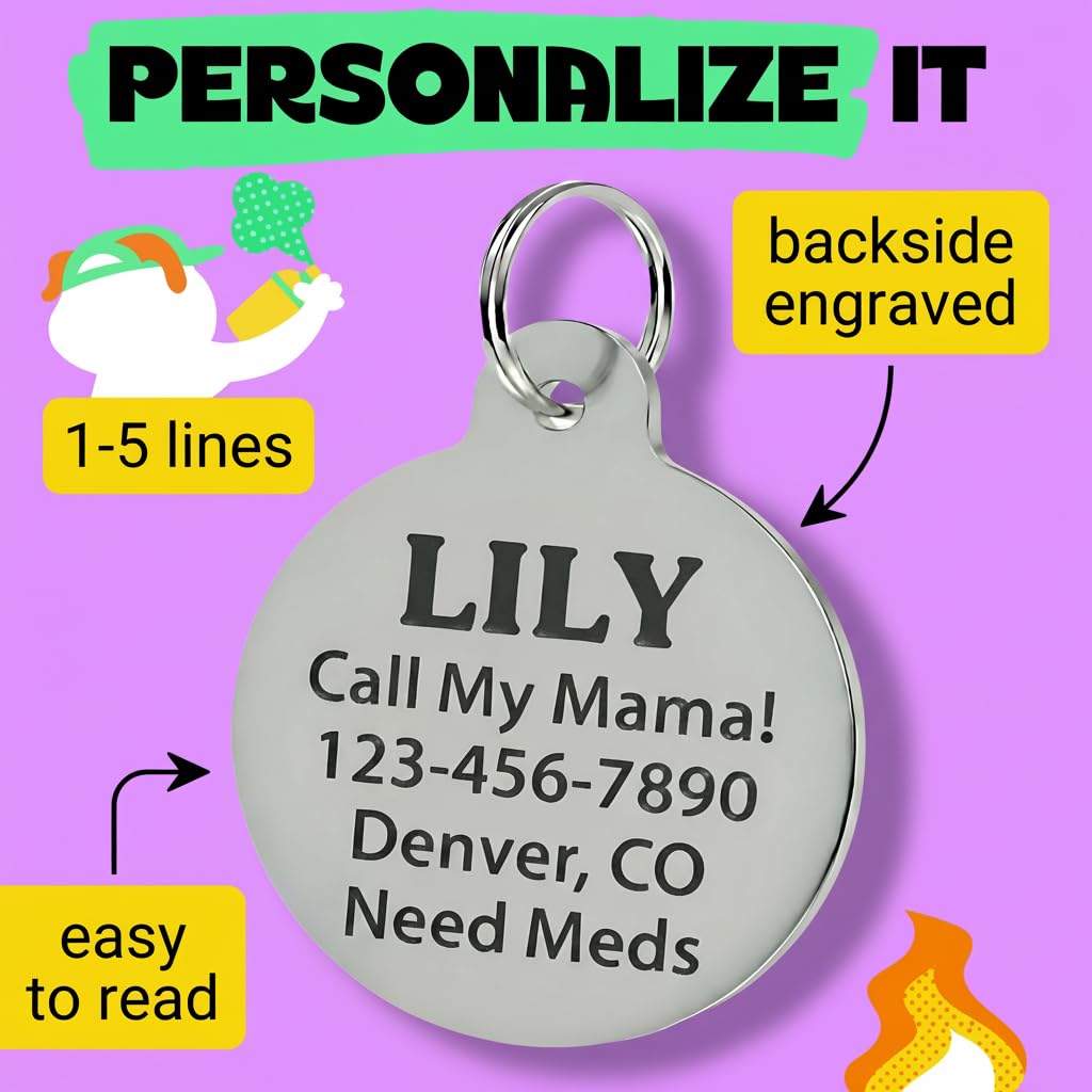 Bad Tags Personalized Dog and Cat ID Tags in 25+ Designs and 2 Sizes - 5 Lines of Custom Engraved Text - Funny Cute Personalized Pet Tags (Invader of Personal Space - Pink, Small (1 inch))