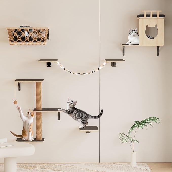 HHOFURN 5-in-1 Cat Wall Shelves Set with Hammock, Wall-Mounted Cat Furniture Includes Condo, Bridge, Ladder & Steps for Indoor Cats, Safe & Stable (Gray)
