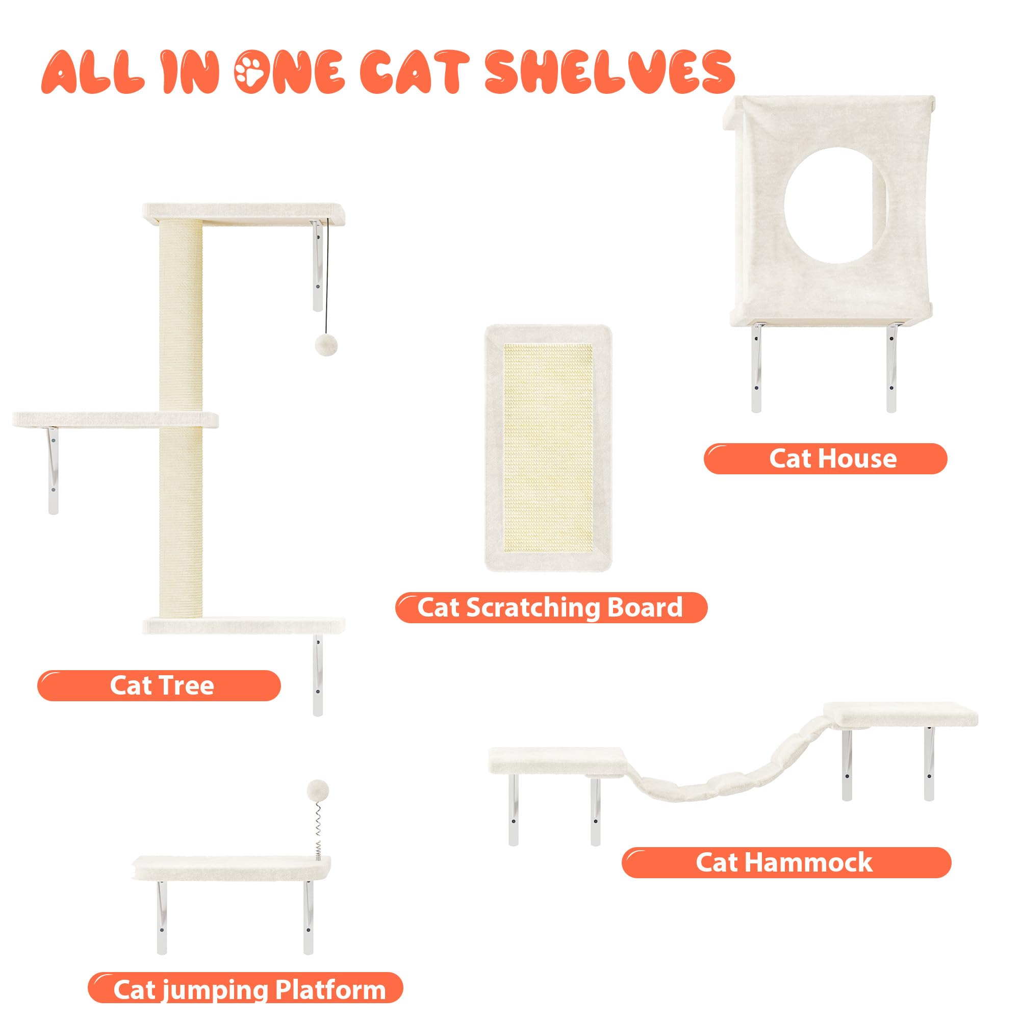 NUNU LAB Cat Wall Shelves Set, 5 Pcs Wall-Mounted Cat Climber with Cat House, Bridge, Scratching Post, Hammock, Wall Shelves, Beige