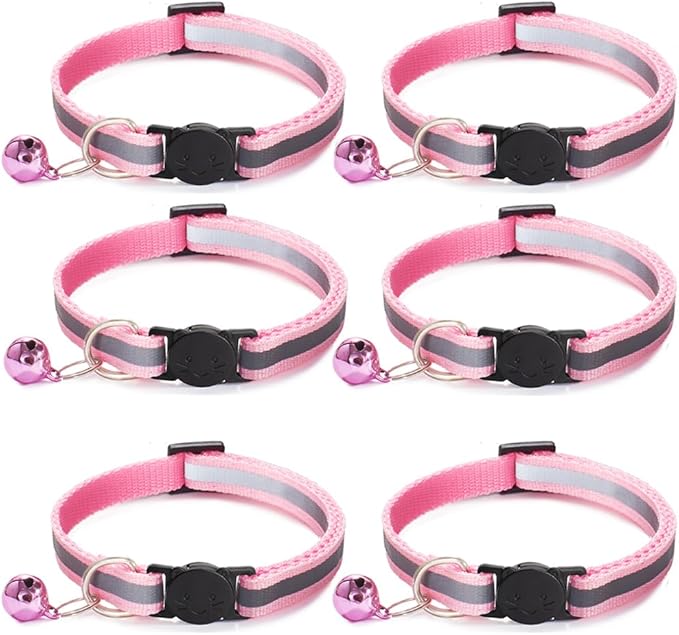 Jigichu 6 Pack Reflective Cat Collar with Bell, Breakaway and Safe Collars for Cats, Nylon, Pet Collar Mixed Colors Adjustable19-32cm (Red)