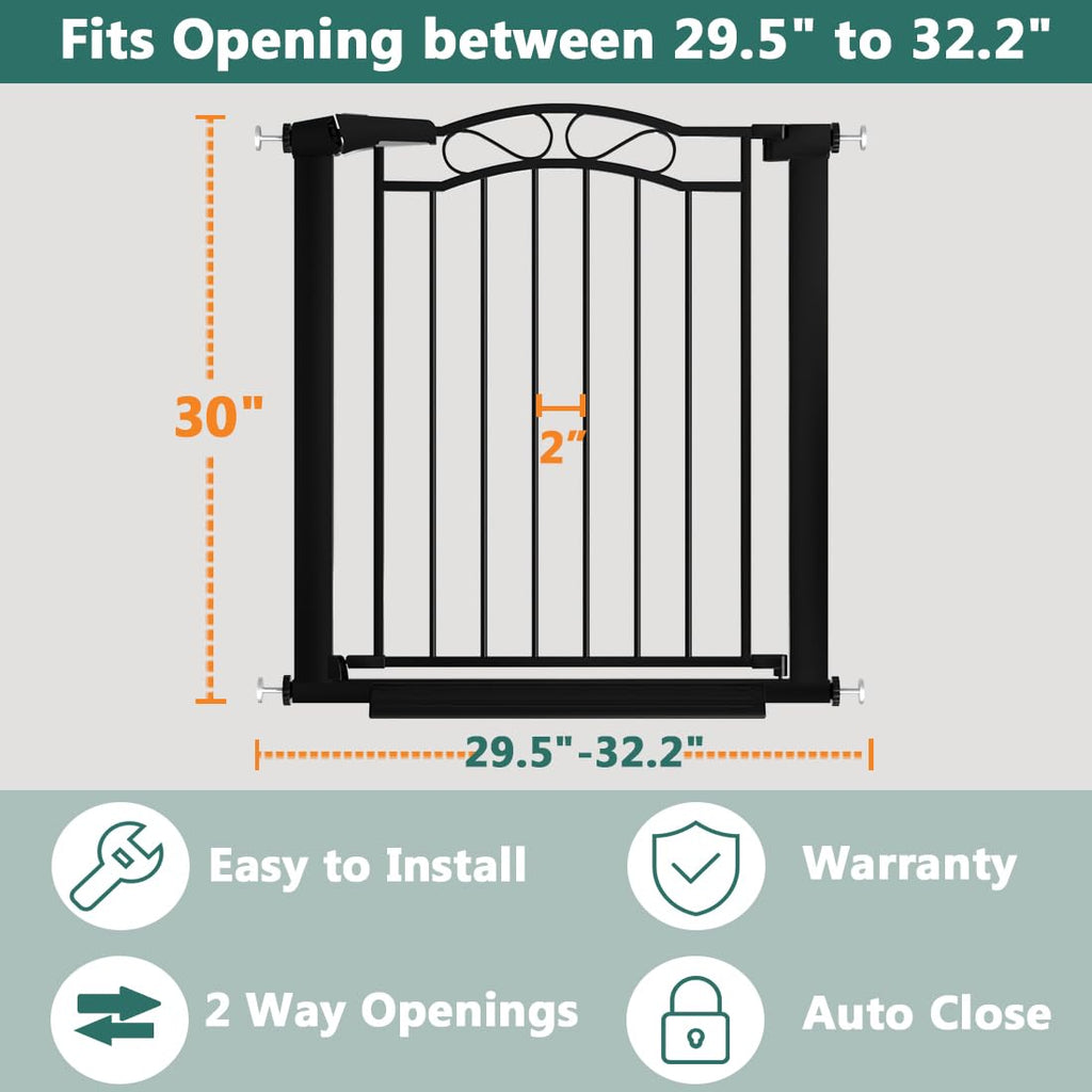 Fairy Baby 29.53"-32.28" Wide Baby Gate with Door, Walk Through Baby Gates for Stairs Pressure Mounted no Drill, Indoor Tension Metal Pet Dog Gate, Auto Close Child Safety Gate, Black