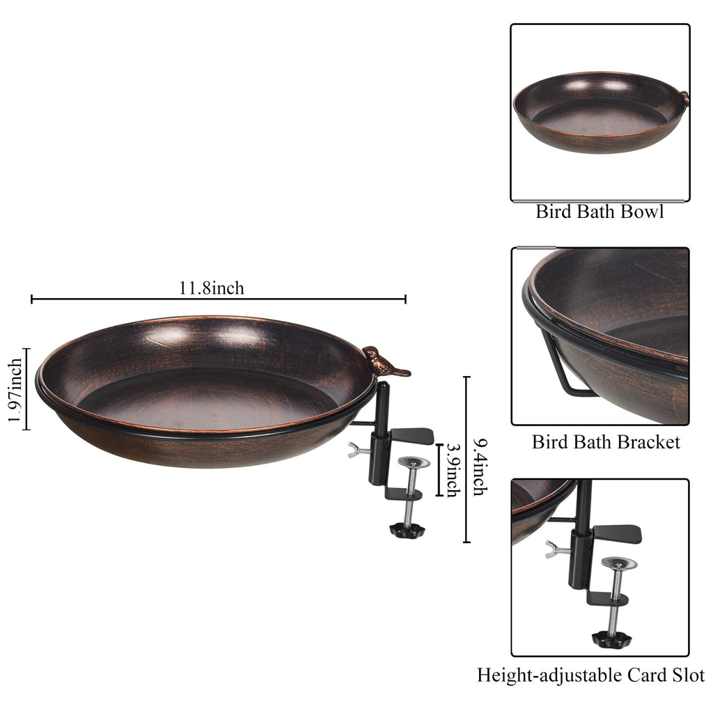 DREAMSOUL Deck Mounted Bird Bath Metal Birdbath Bowl Unheated with Lightweight Detachable, Bird Baths with Adjustable Sturdy Steel Clamp for Deck Railing Balcony Yard Garden Decoration
