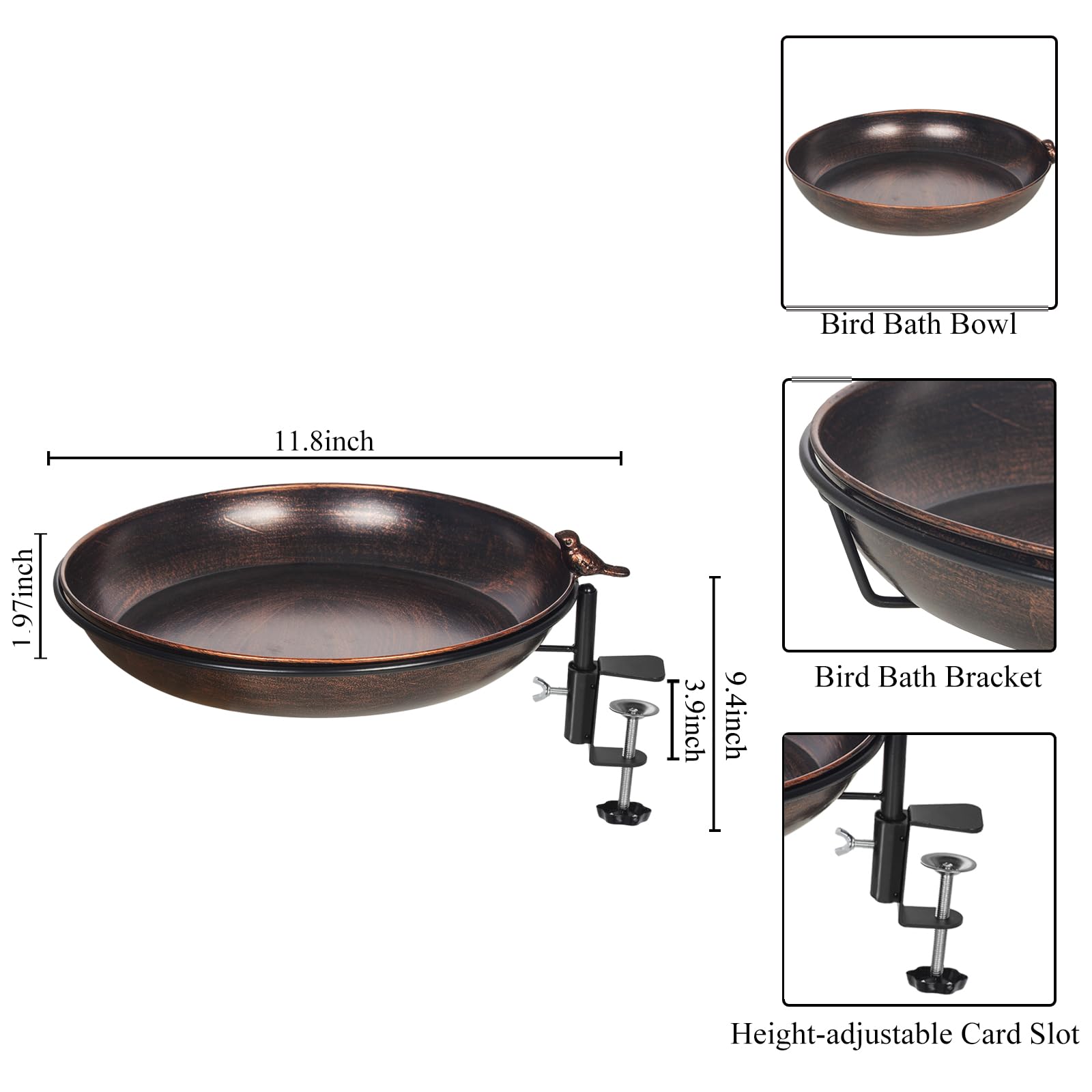 DREAMSOUL Deck Mounted Bird Bath Metal Birdbath Bowl Unheated with Lightweight Detachable, Bird Baths with Adjustable Sturdy Steel Clamp for Deck Railing Balcony Yard Garden Decoration