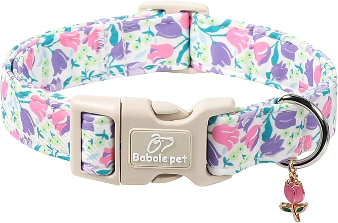 Babole Pet Floral Dog Collar for Large Dogs - Pink Purple Tulips Print Dog Collars, Spring Summer Cute Flower Puppy Collar, Lightweight Adjustable April Holiday Boy Girl Dogs Collars L