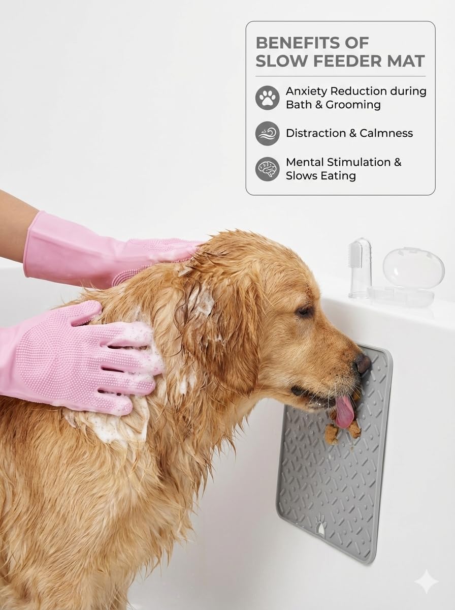 3-in-1 Stress-Free Dog Bathing Kit – Silicone Grooming Gloves, Suction Lick Mat, and Dental Brush – Complete Pet Spa Set for Anxious Dogs (Grey)