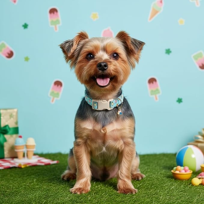 Britwicfr Dog Collars for Extra Small & Small Dogs, XS Dog Collar with Cute Ice Cream Print, Spring Summer Adjustable Puppy Collar with Adorable Charm and Quick Release Buckle, XS