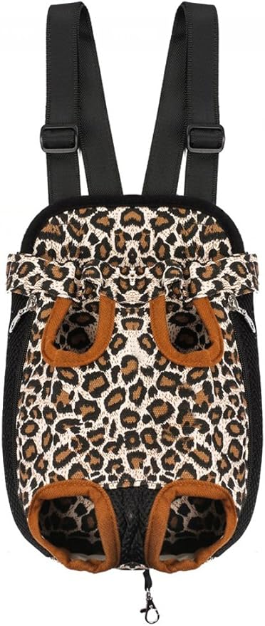 Pet Dog Puppy Cat Carrier Five Holes Backpack Double Shoulder Straps Canvas Cotton Front Chest Backpack Bag (Leopard, Large)