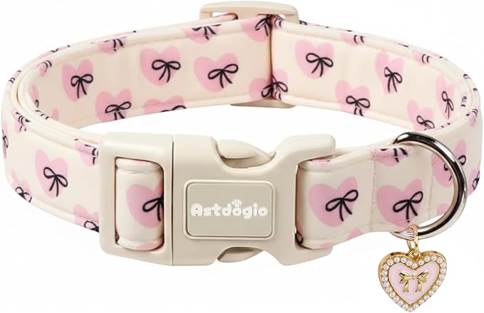 Astdogio Bow Dog Collar with Pink Heart, Adjustable Cotton Dog Collar for Small Medium Large Dogs, Cute Puppy Collar for Girl Boy Dogs, Ideal for Gifts,Pet Accessory,M