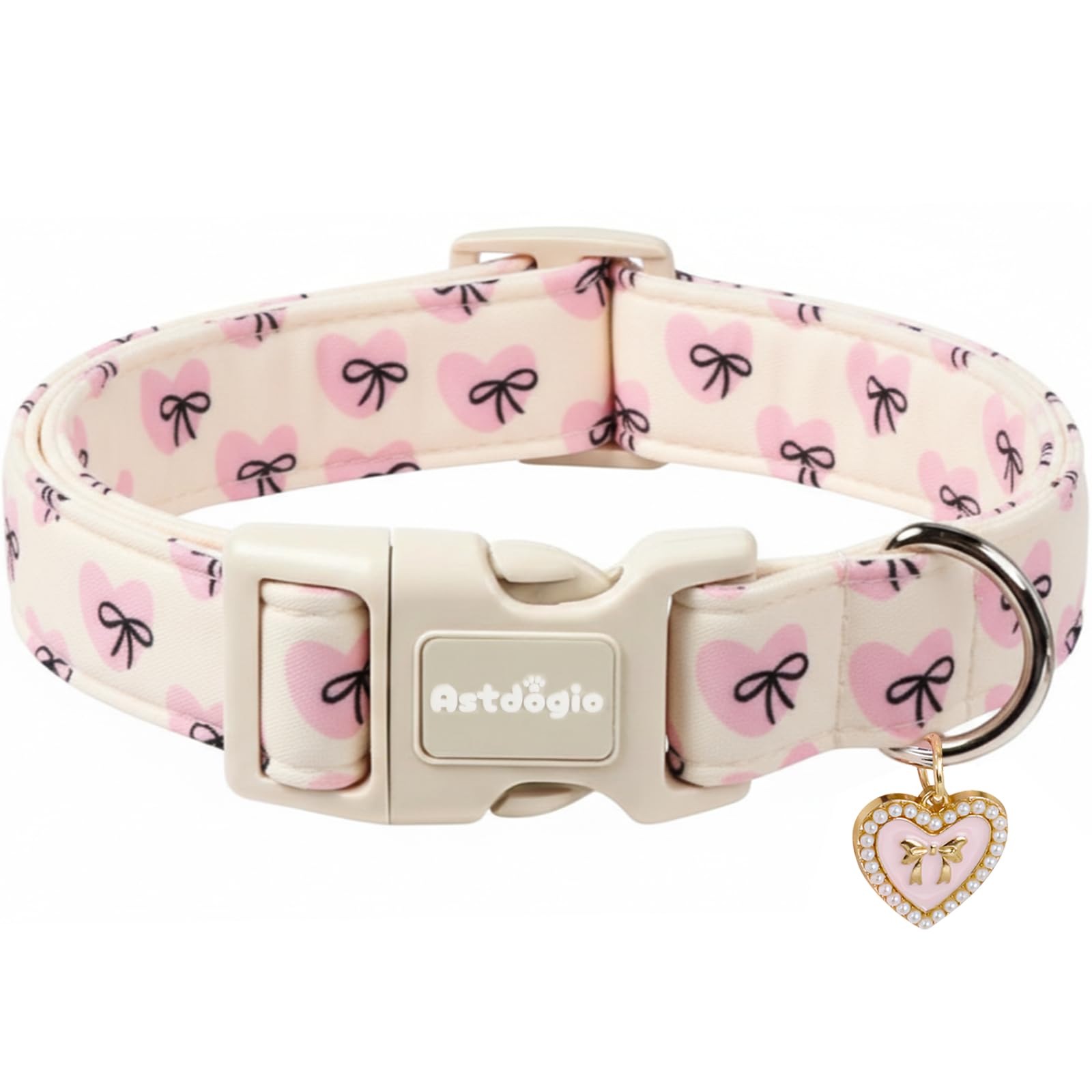 Astdogio Bow Dog Collar with Pink Heart, Adjustable Cotton Dog Collar for Small Medium Large Dogs, Cute Puppy Collar for Girl Boy Dogs, Ideal for Gifts,Pet Accessory,XS