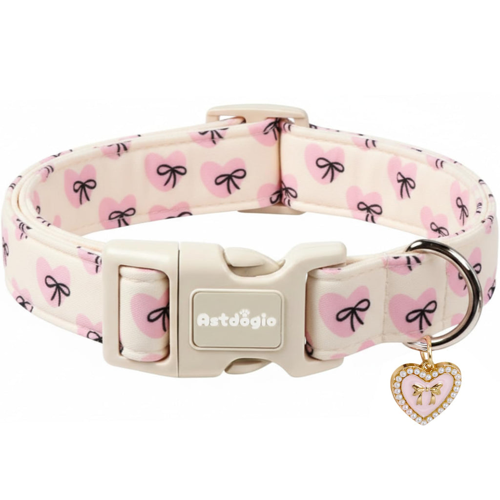 Astdogio Bow Dog Collar with Pink Heart, Adjustable Cotton Dog Collar for Small Medium Large Dogs, Cute Puppy Collar for Girl Boy Dogs, Ideal for Gifts,Pet Accessory,L