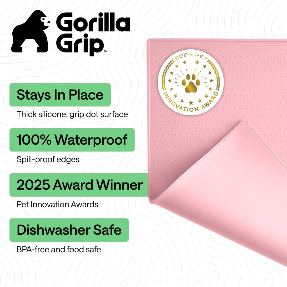 GORILLA GRIP 100% Waterproof Raised Edge BPA Free Silicone Pet Feeding Mat, Dog Cat Food Mats Contain Spills Protects Floors, Placemats for Cats and Dogs Water Bowl, Pets Accessories 18.5x11.5 Pink