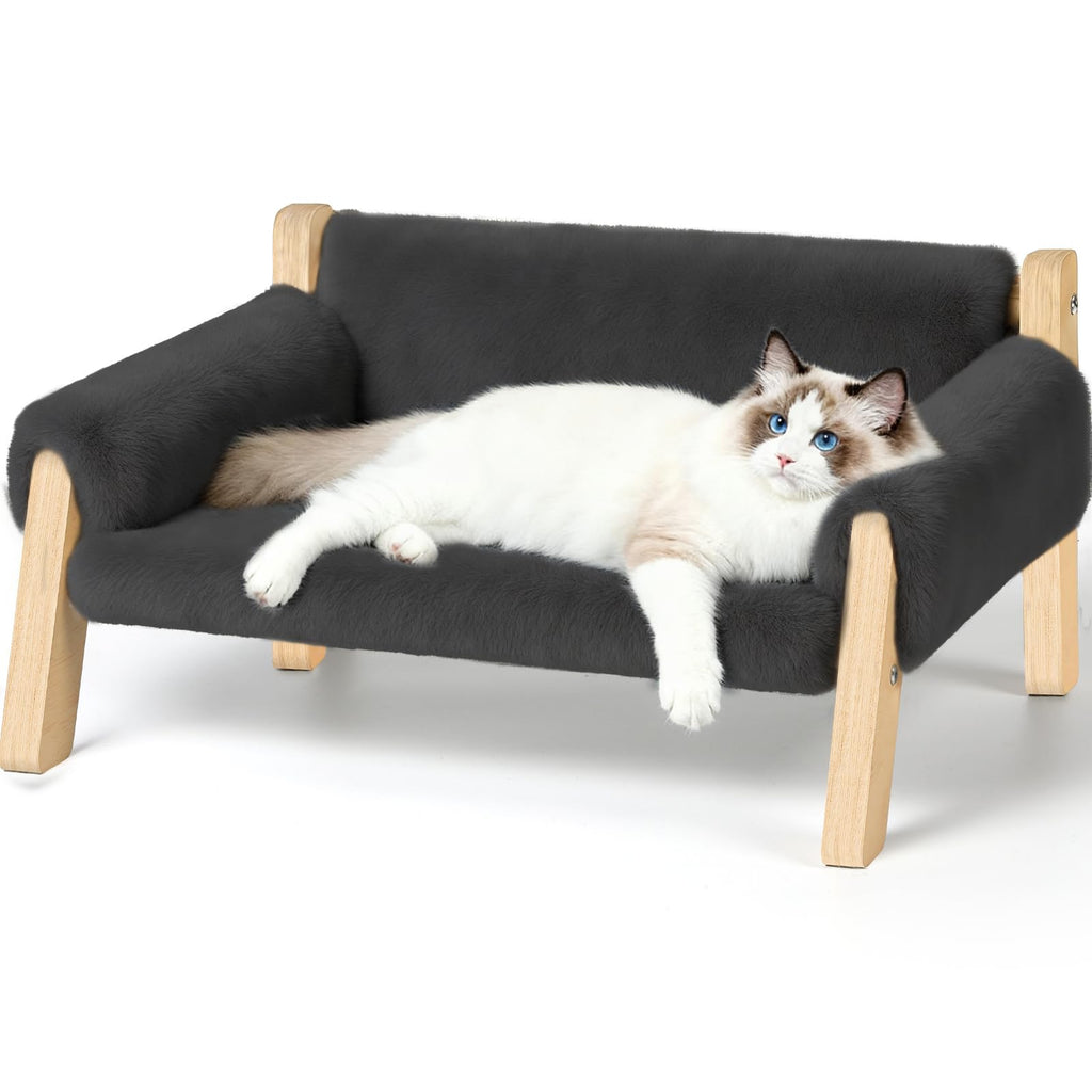 FAMIDGE Elevated Cat Couch Bed for Indoor Cats - Wooden Pet Sofa with Removable Washable Thick Cover Raised Kitty Lounge Chair Suitable for Puppy or Small Animals(Cat Sofa Grey)