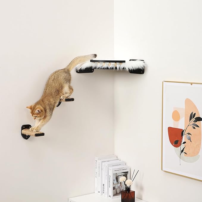 COOLEX Cat Wall Shelves - 3 Steps Scratch Post & Hammock Bed with Plush Cover, Climbing Shelf for Indoor Cats (Black)