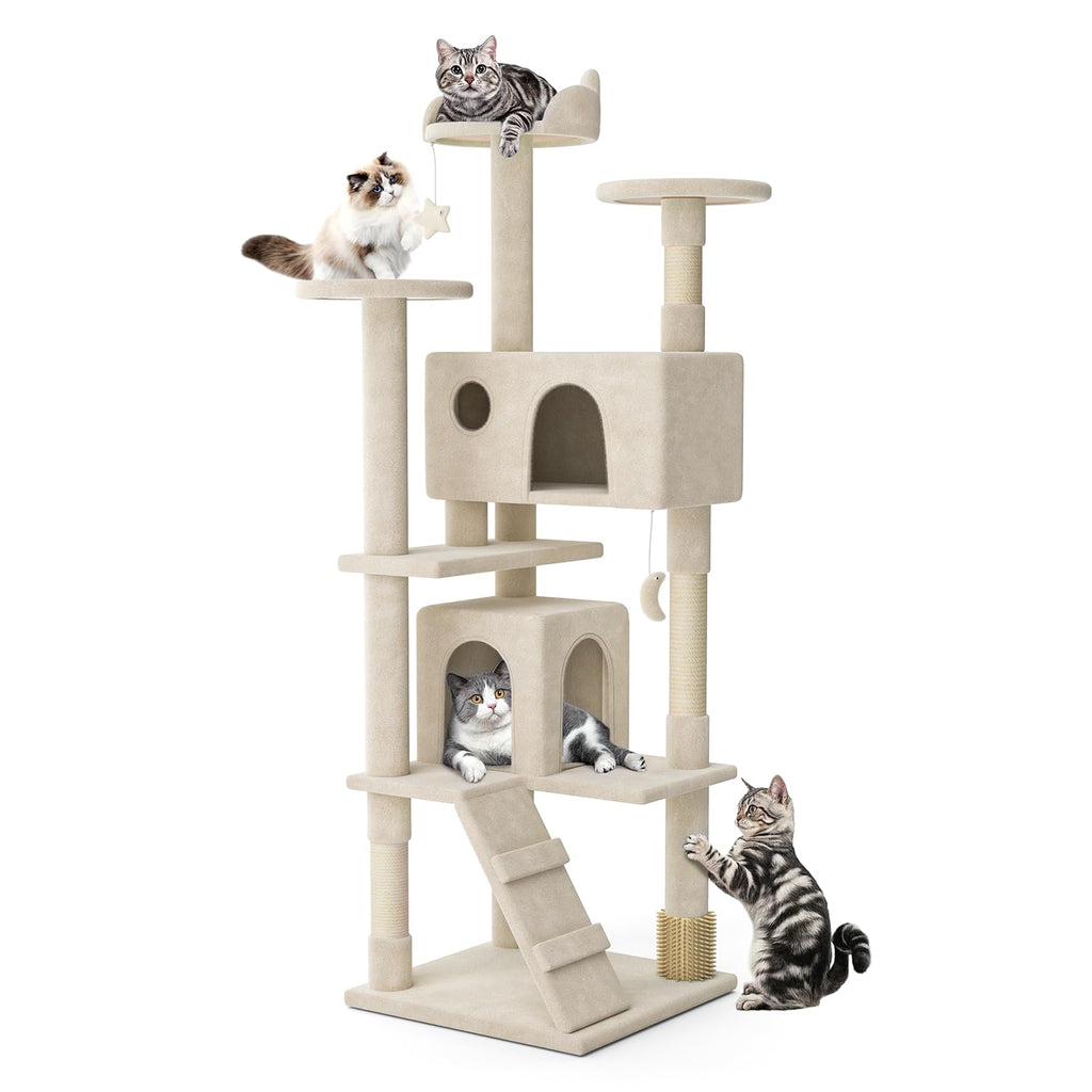 MoNiBloom 77 Inch Cat Tree Tower for Indoor Cats Large Adults, Tall Cat Tower with Scratching Post, Multi-Level Furniture Activity Center with Cat Condo Pet Play House, Beige