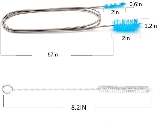 67" Flexible Drain Brush Set, Double Ended Long Hose Pipe Cleaner with 2 Pcs 8.2" Straw Cleaning Brushes, Nylon Tube Cleaner Tool for Refrigerator Defrost, Aquarium Filter, Sink Drain
