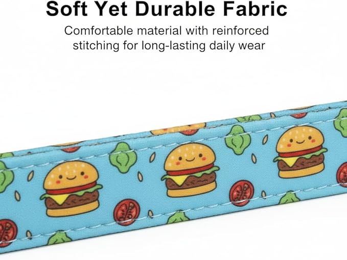 Britwicfr Cute Dog Collar, Blue Dog Collar with Burger Pattern and Cute Charm, Puppy Collar with Quick Release Buckle and Durable Fabric, Suitable for Medium and Large Dogs
