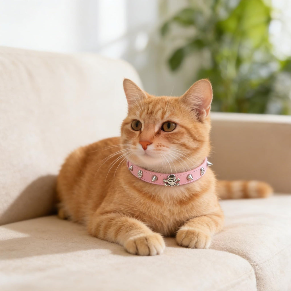 EXPAWLORER Leather Cat Collar for Girl Boy Cats,Pink(Rivet & Skull)