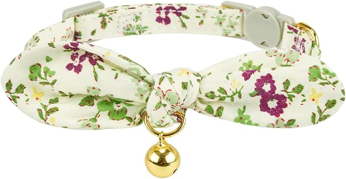 YUDOTE Bowtie Cat Collar with Bell, 2 Pack Cotton Breakaway Kitten Collars with Removeable Bow Stylish Cat Collars, Floral Green & Plaid