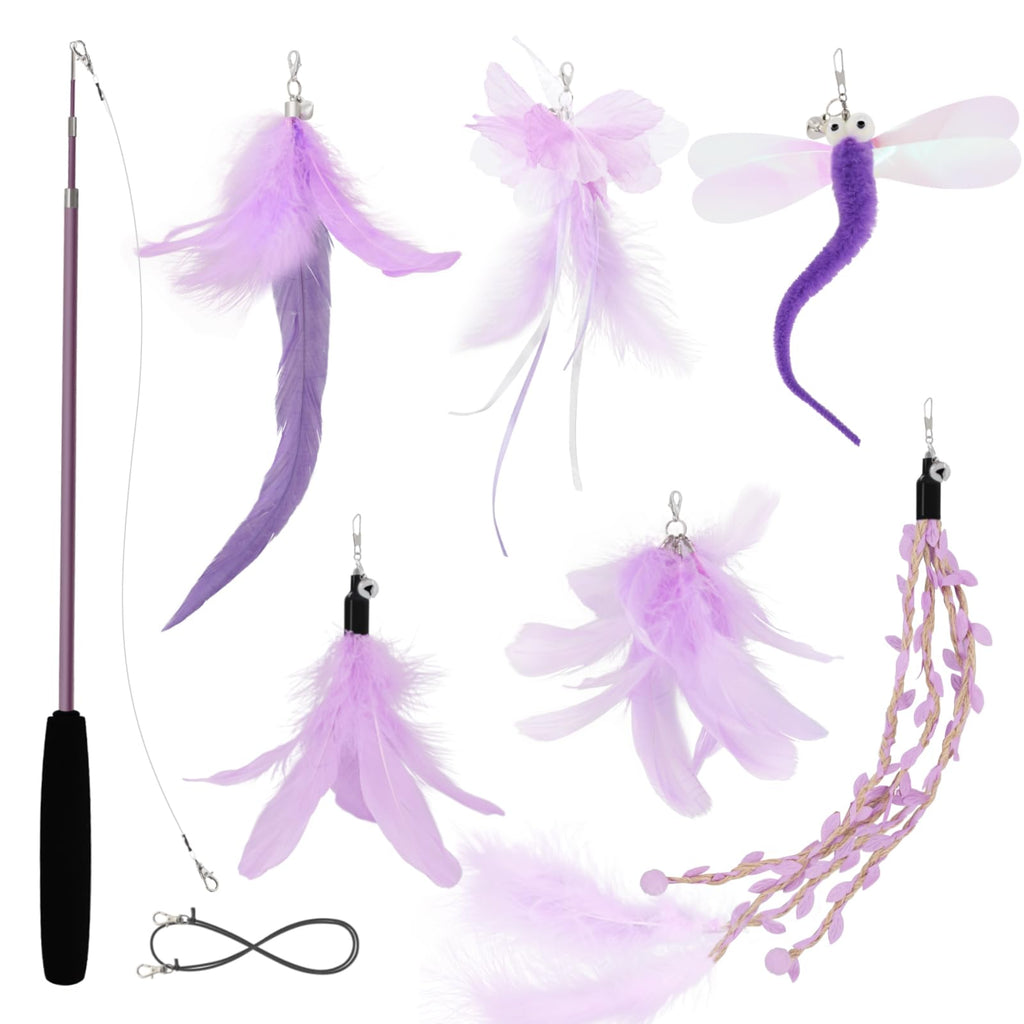 SONGWAY Cat Wand Toys for Indoor Cats - Cat Toy Set with Retractable Teaser Wand and 6 PCS Fairy Feather Toy Refills, Dragonfly Tassel Cat Toys Interactive, Purple