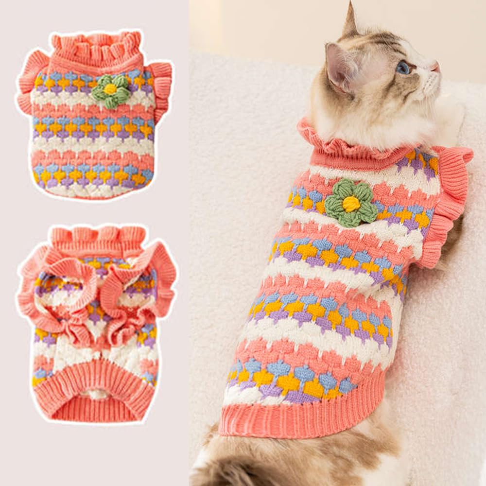 Anelekor Small Dog Sweater, Knitted Tulip Cat Sweater, Warm Thick Holiday Puppy Clothes for Small Dog Girl,Cold Weather Outfit for Kitten Chihuahua Yorkie Teacup Dachshund Pug (Pink, Large)