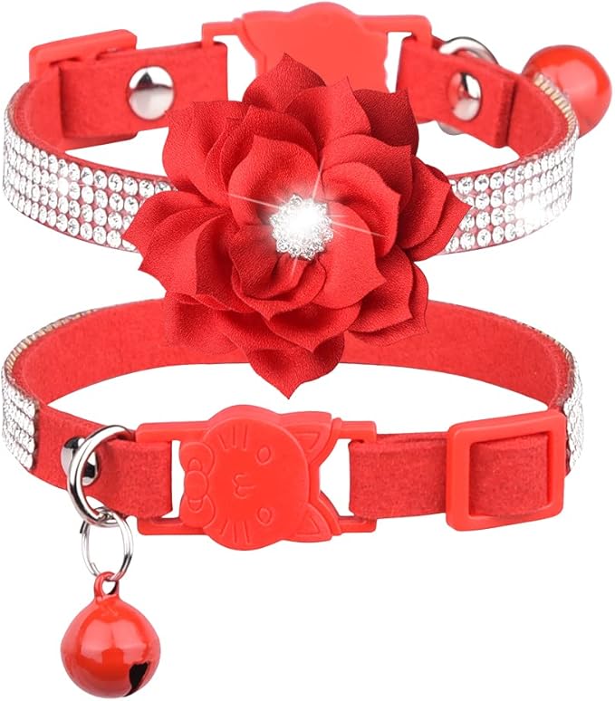 Bbmmayy Cat Collars,Rhinestone for Girl Cats Bling Kitten Flower Adjustable Breakaway Collar with Bell Soft Velvet Leather Collar for Puppy Small Dogs (Pink)