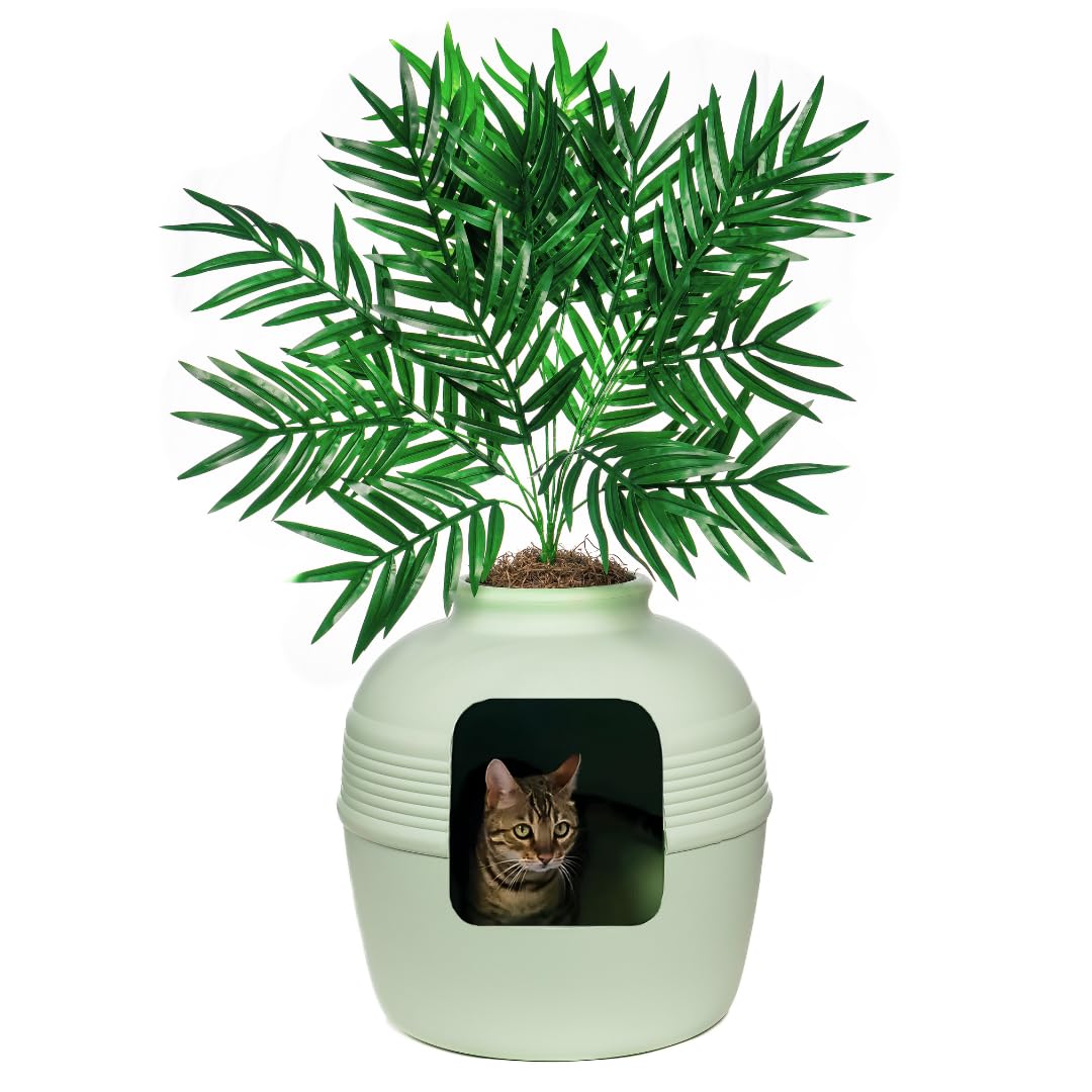 Good Pet Stuff Original Hidden Litter Box Planter, Decorative Cat Litter Enclosure, Carbon Filter, Faux Plant, Round Design, Easy to Clean, Base Kit, Palm Plant, Mint Green
