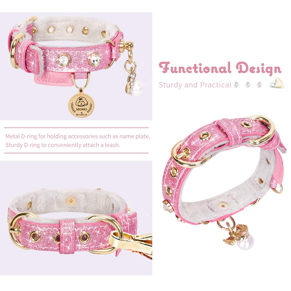PetsHome Cat Collar, Dog Collar, [Bling Rhinestones] PU Leather Adjustable Pet Collar with Luxury Pendant for Cat and Small Dog Extra Small Pink