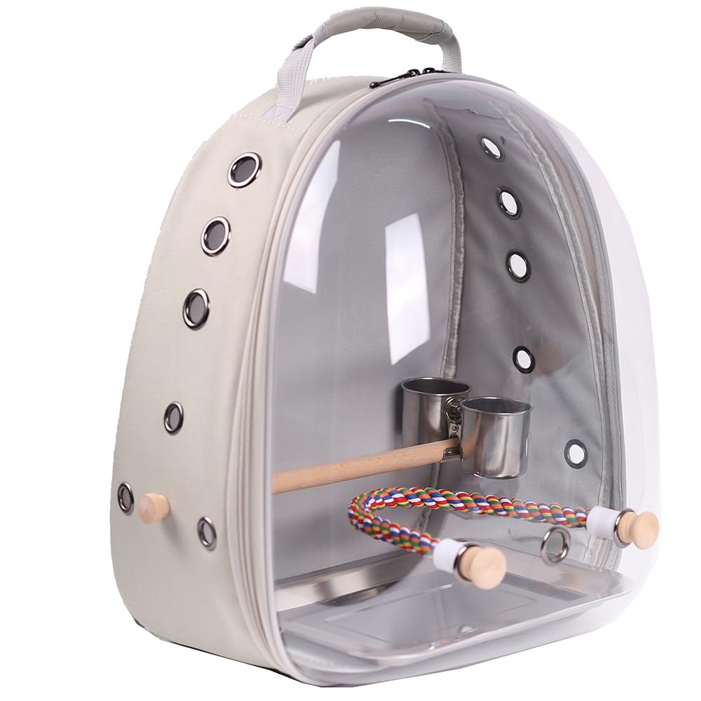Bird Traval Carrier Cage, Multi Vent Holes Clear Space Capsule Astronaut Backpack to Carry Parakeet Cockatiel Parrot with Metal Tray Wood Perch, Vet Transport Book Bag