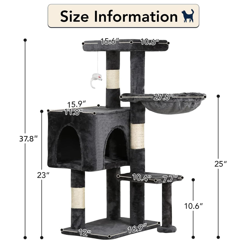 BestPet | 37" Cat Tree Tower | Light Gray | Sturdy Multi-Level Cat Tree with Plush Condo, Cozy Perch, Sisal Scratching Posts, Hanging Toy and Hammock | Easy Assembly | for Kittens & Adult Cats