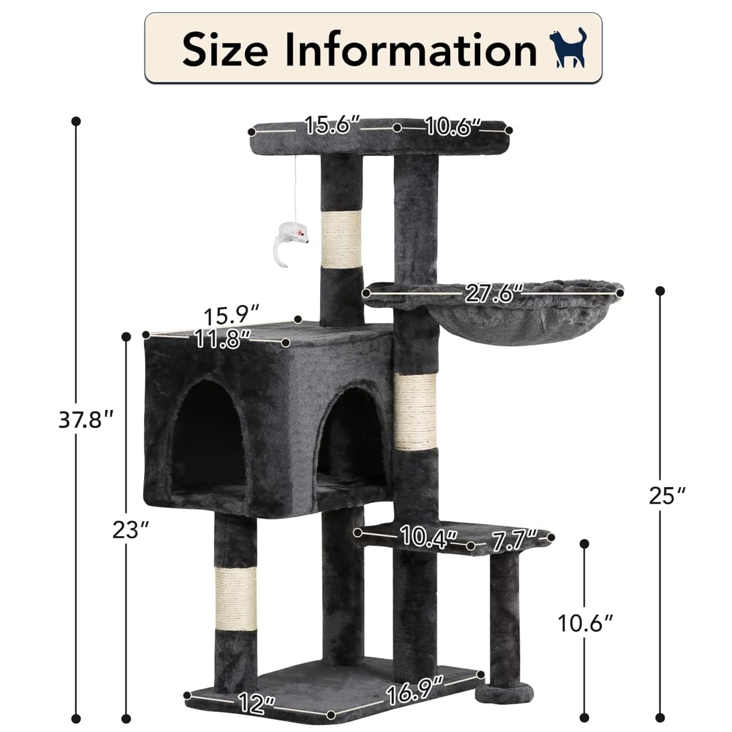 BestPet | 37" Cat Tree Tower | Light Gray | Sturdy Multi-Level Cat Tree with Plush Condo, Cozy Perch, Sisal Scratching Posts, Hanging Toy and Hammock | Easy Assembly | for Kittens & Adult Cats